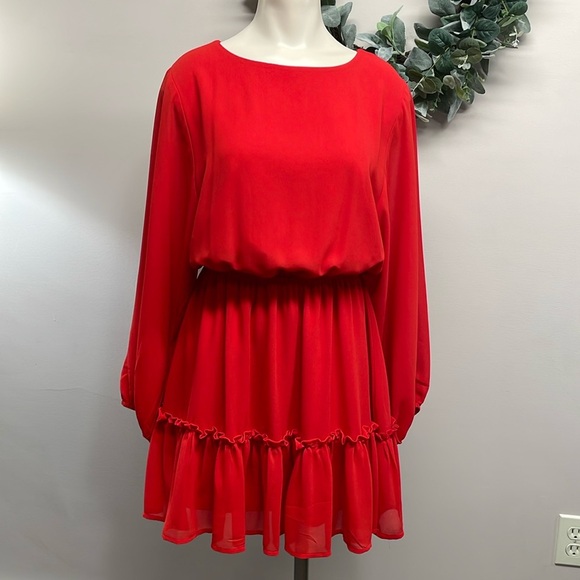 Flying Tomato Red Chiffon Boho Long Sleeve Dress S - Picture 1 of 16